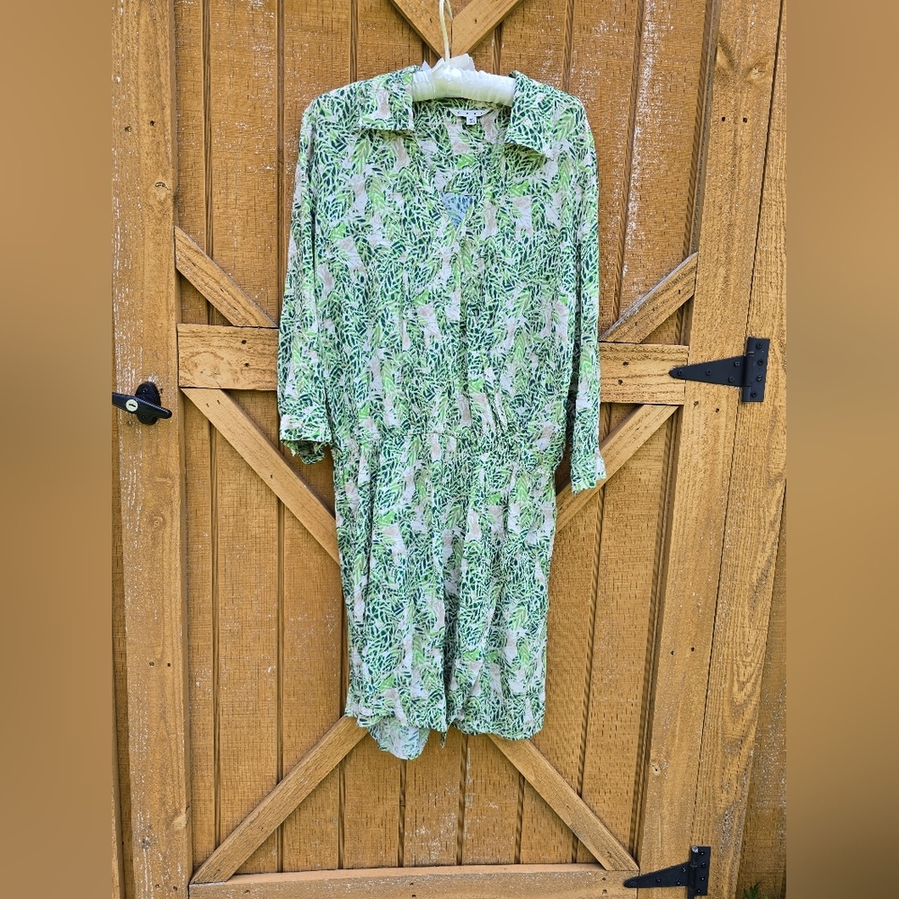 CAbi Green Leaf Print Long Sleeve Dress